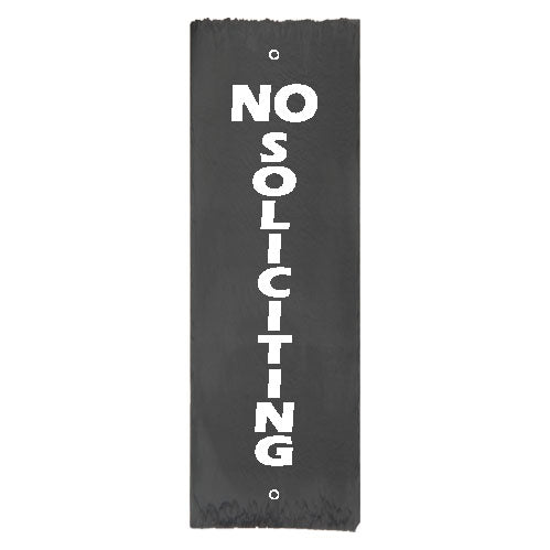 A vertical 4x12 rectangular black slate No Soliciting sign with hand-chiseled edges. The text is painted in high-visibility crisp white, featuring a horizontal "NO" at the top and the word "SOLICITING" stacked vertically beneath it with bold, widened letters. Pre-drilled mounting holes are visible 0.8 inches from the top and bottom edges.