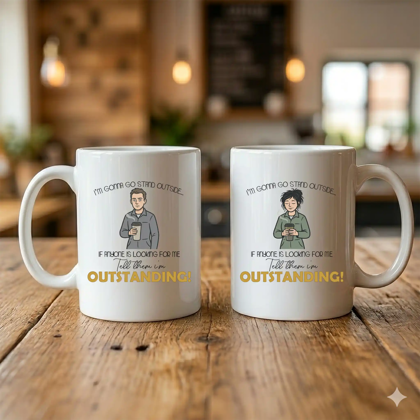 His and hers 11oz Outstanding mug set bundle on a wooden table. High-value gift set featuring two funny character mugs.