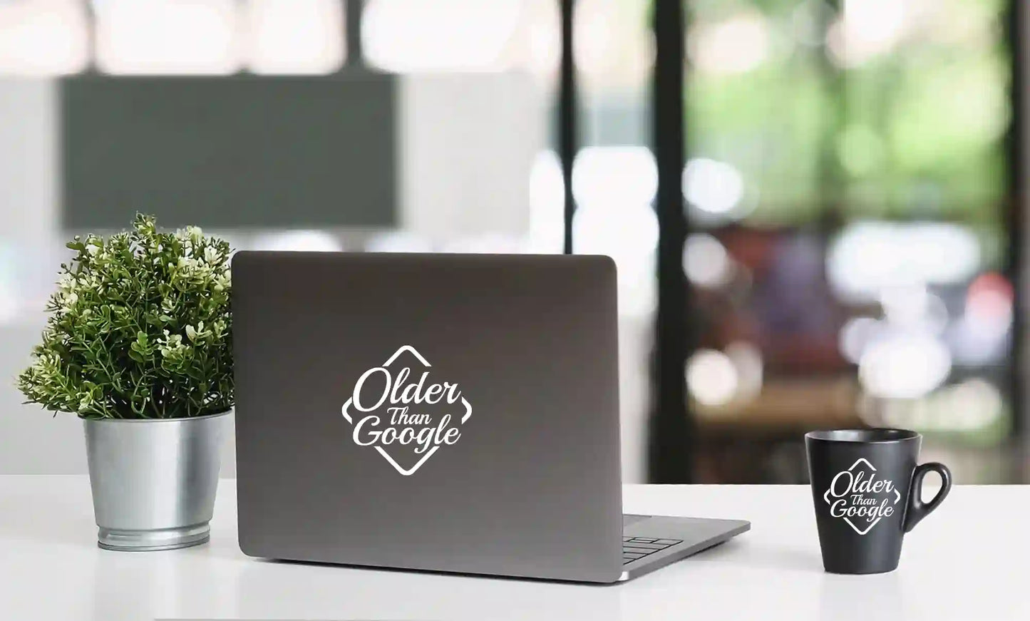 "Older Than Google" white vinyl decal on laptop lid | Retro computing sticker | Funny laptop accessory for macbook or pc