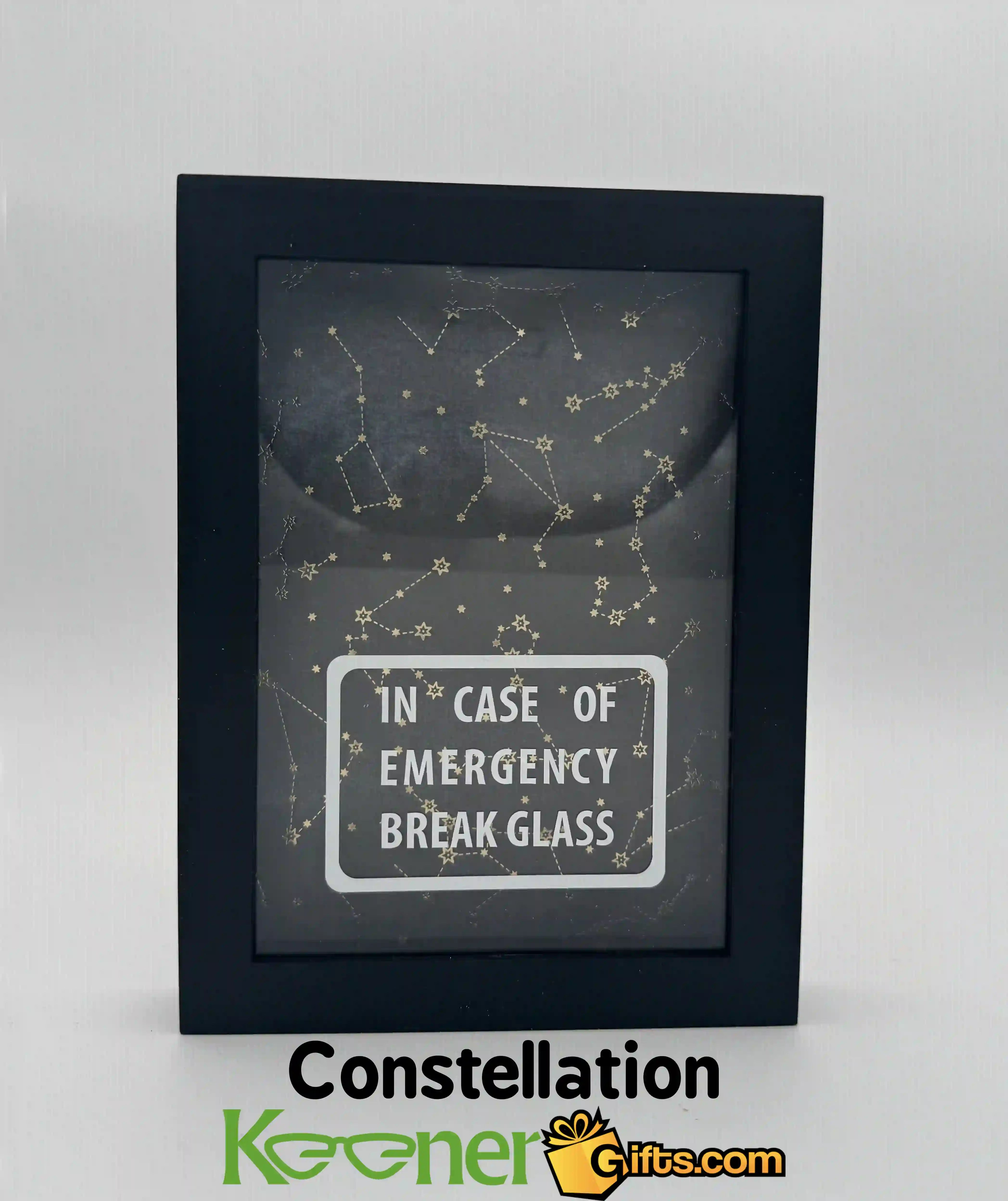 In Case of Emergency Break Glass Shadow Box Black Frame, Empty. Constellation Background.
