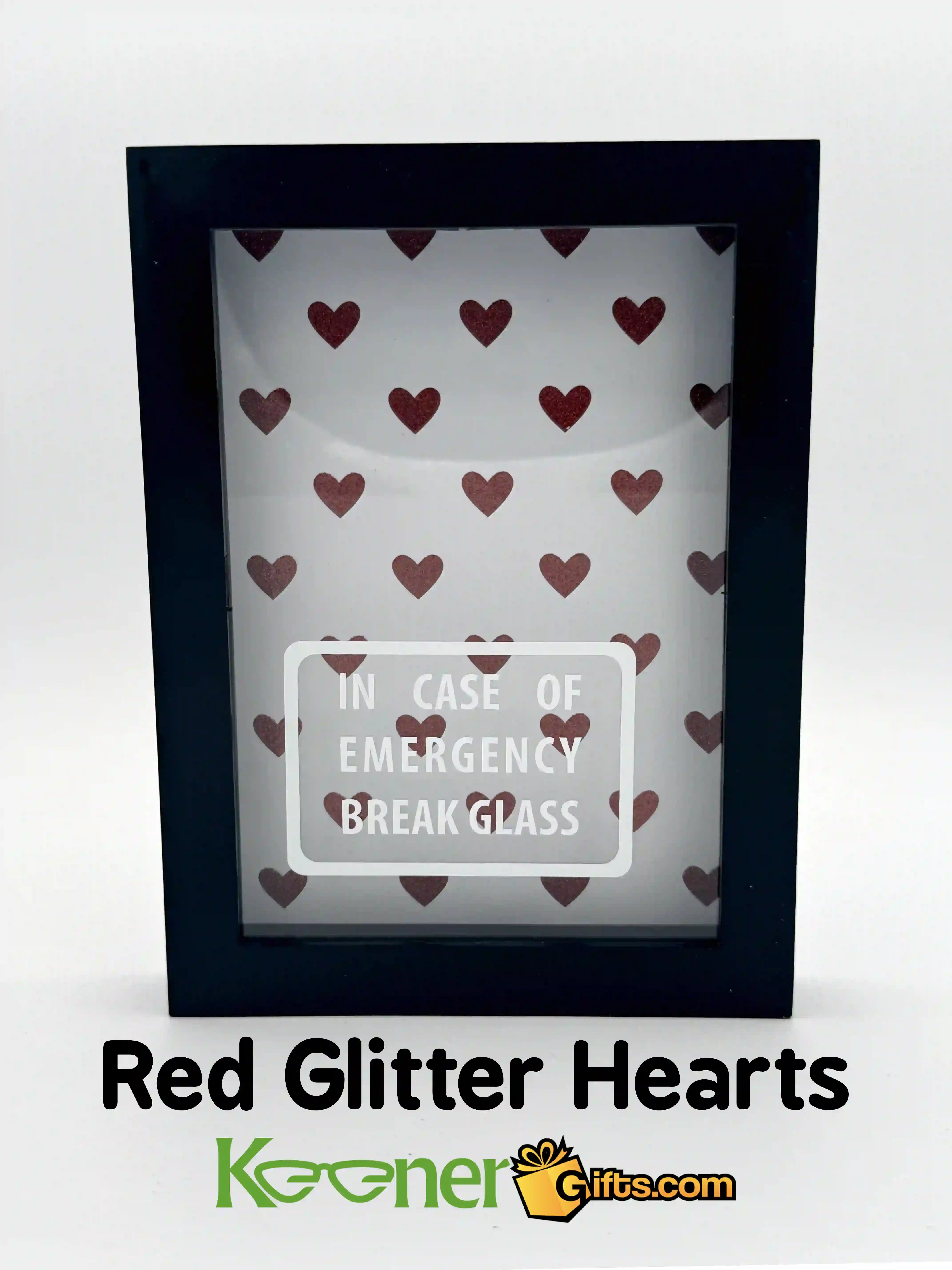 In Case of Emergency Break Glass Shadow Box Black Frame, Empty. Glitter Hearts Background.