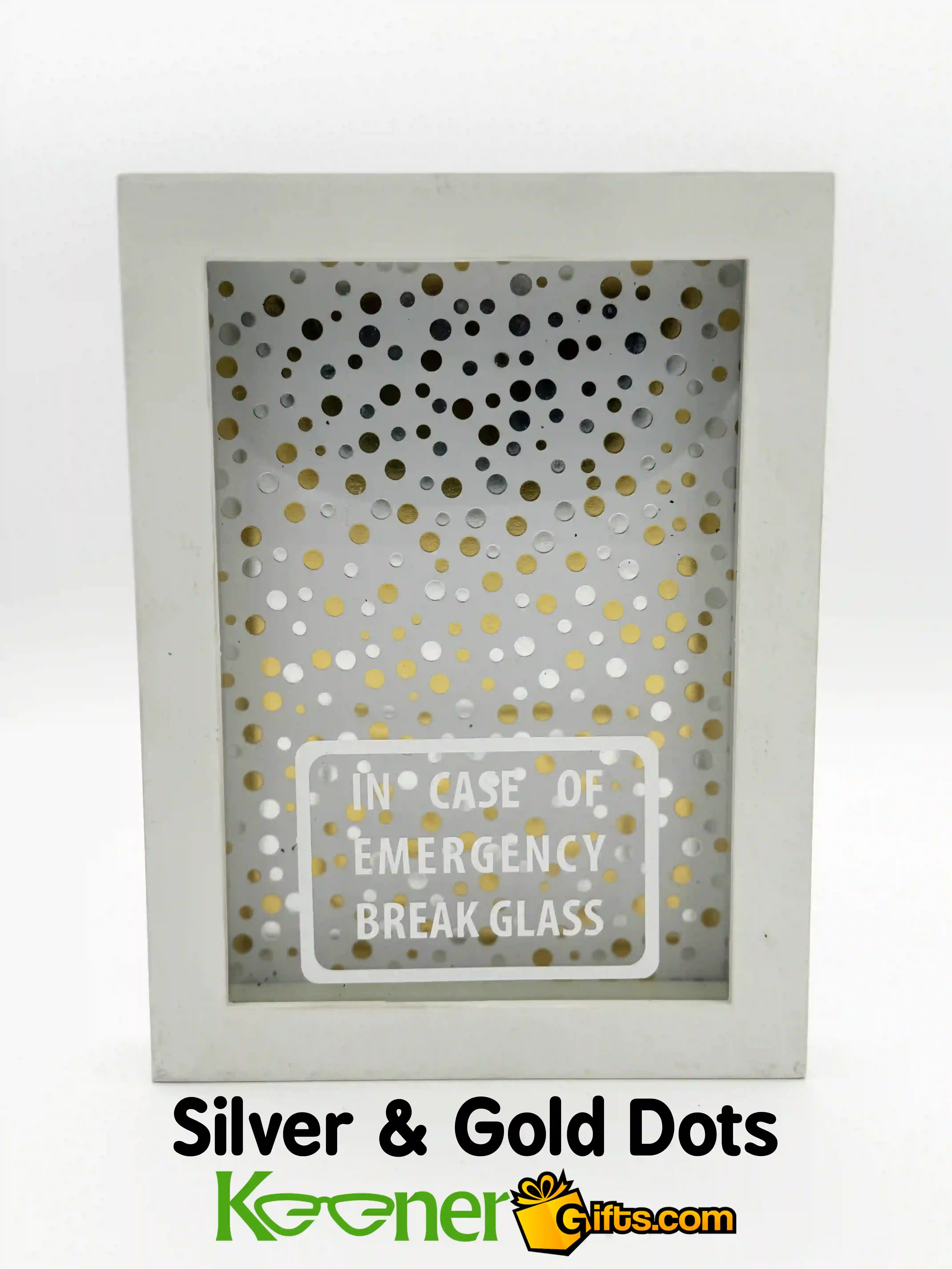 In Case of Emergency Break Glass Shadow Box White Frame, Empty. Silver and Gold Dots Background.