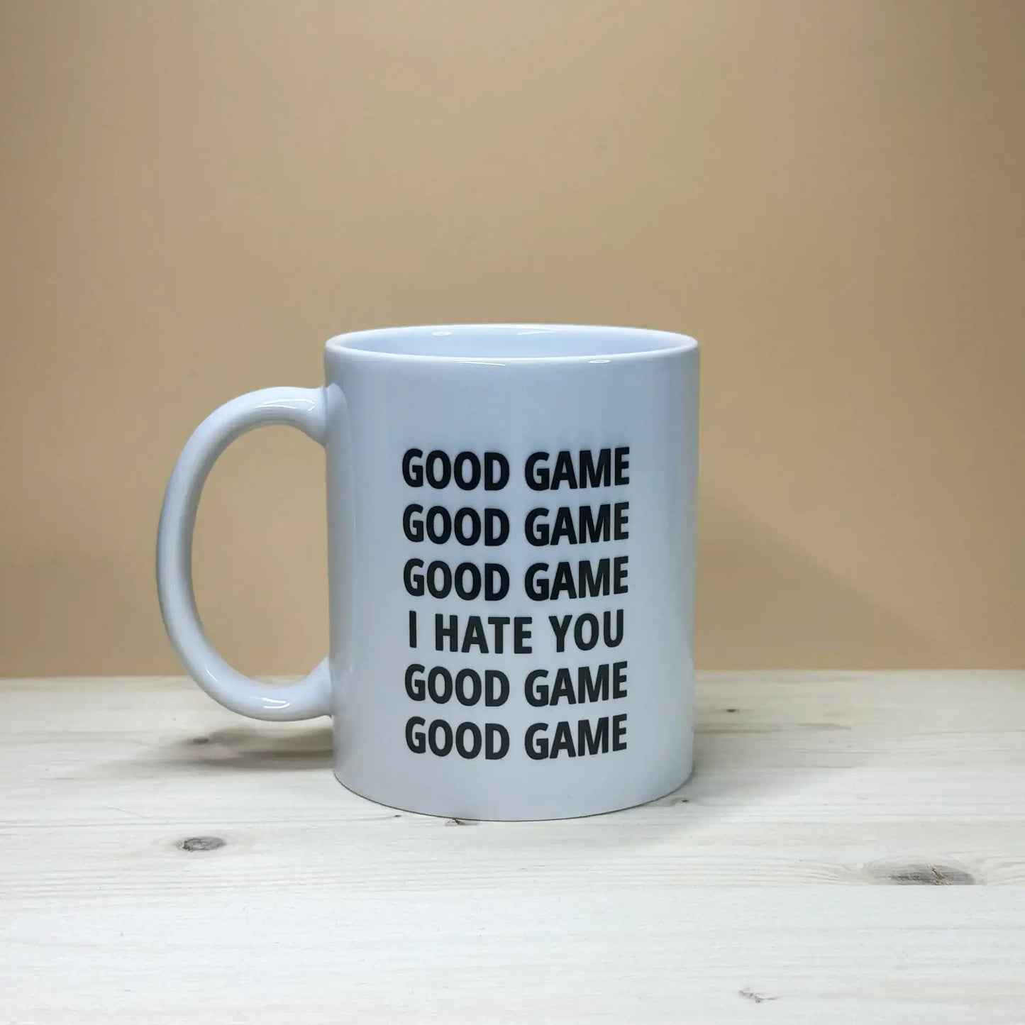 Sarcastic volleyball player joke coffee cup 11oz featuring the i hate you handshake line quote.