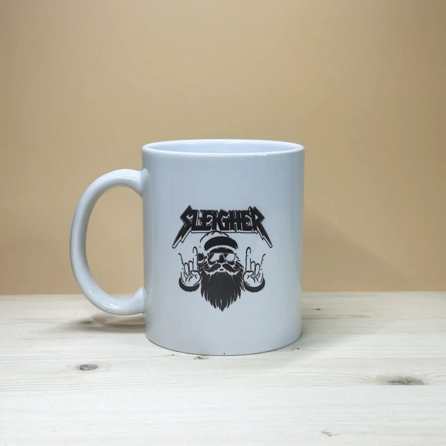 Sleigher metal music holiday gift 11oz mug perfect as a funny stocking stuffer for rockers.
