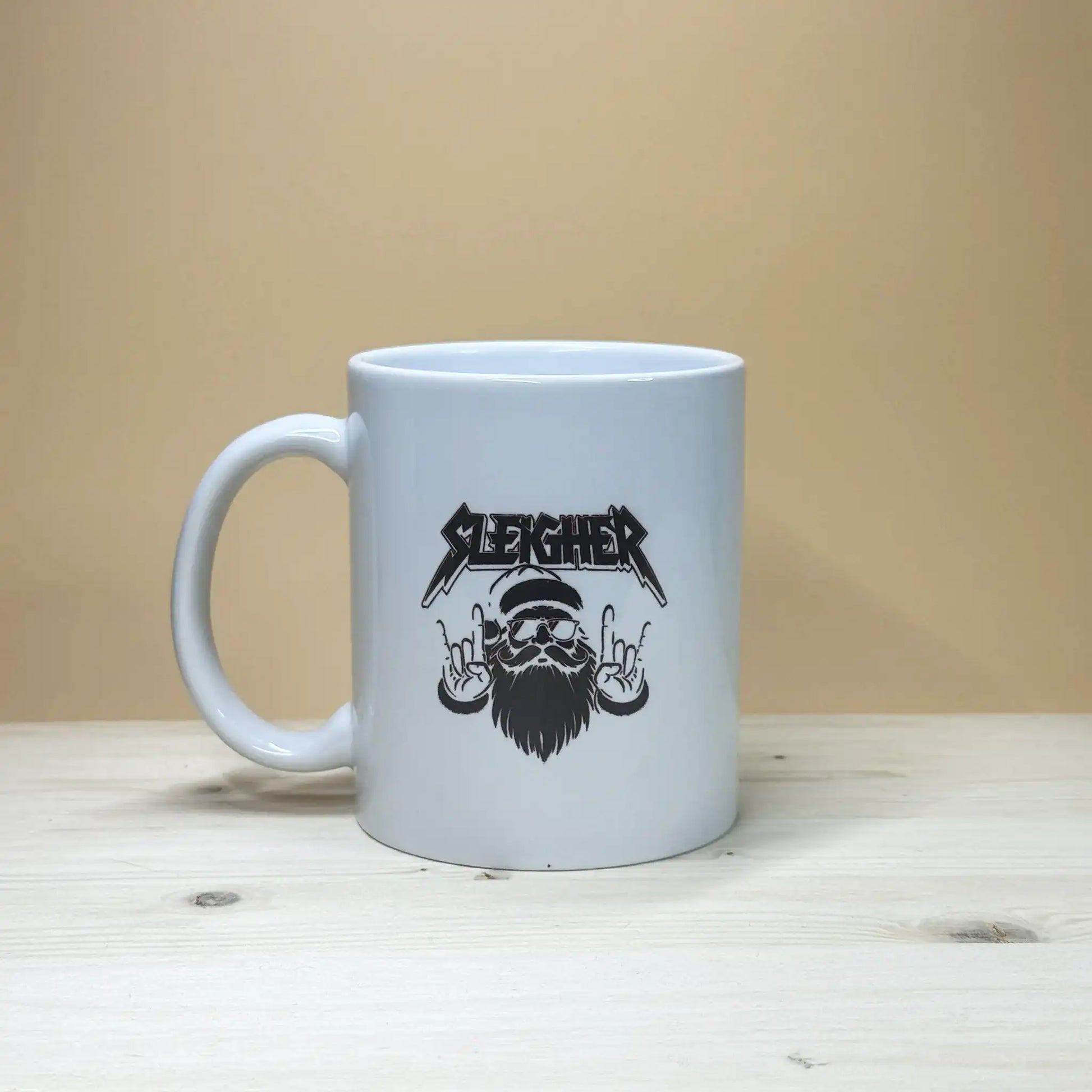 Sleigher metal music holiday gift 11oz mug perfect as a funny stocking stuffer for rockers.
