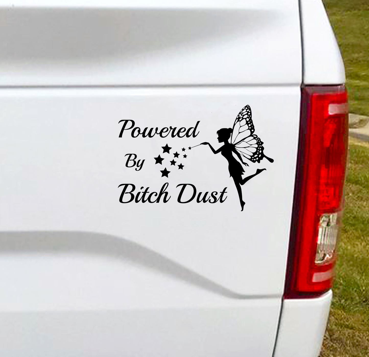 Powered By Bitch Dust Vinyl Car Decal Bumper Sticker. A warning to all. :P  7"W x 4.5"H Funny Car Decal, Car Sticker, Car Vinyl, Bumper Sticker, Vinyl Stickers, Vinyl Sticker. Black